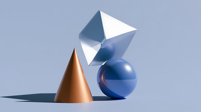 Abstract Geometric Composition: A Metallic Cone, Shiny Sphere, and White Polyhedron Create a Modern, Minimalist Still Life with Clean Lines