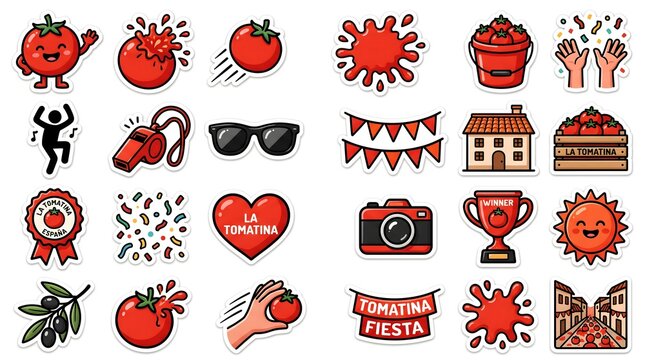 Comprehensive set of colorful stickers illustrating themes and objects of la tomatina food fiesta.