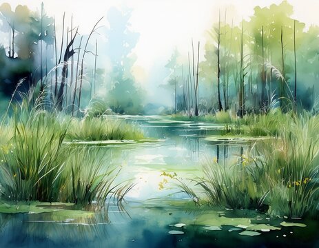 serene watercolor scene of a tranquil swamp with tall grasses
