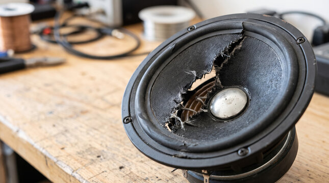 Damaged speaker cone with torn membrane showing internal components on wooden workbench. Broken speaker cone sits on worktable along with tools and wires.