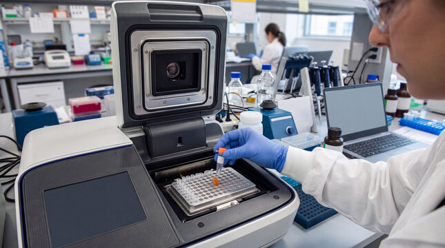 high-tech laboratory, molecular biology, PCR thermal cycler, green PCR rack, scientist loading samples, microtubes, cinematic bokeh, laboratory glassware, reagent bottles, biotechnology, DNA analysis