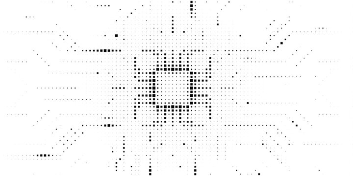Abstract black square halftone geometric frame pattern on white background with radial pixel effect