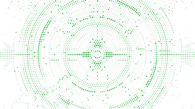 Abstract green halftone circular dot pattern with concentric radial geometric design on white background