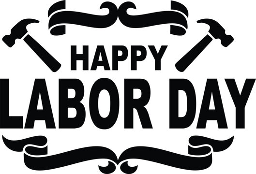 Black happy labour day text with two crossed hammers and decorative ribbon banners, isolated on a white background, for holiday