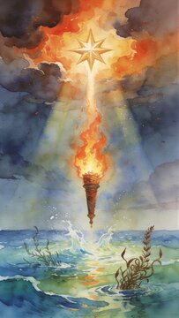 Burning torch falling from star into ocean representing biblical apocalypse. Artistic depiction of wormwood star and divine judgment. Revelation prophecy and Armageddon religious concept.