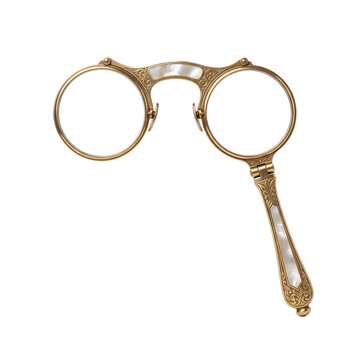 Antique lorgnette spectacles with gold metal frame mother of pearl inlay handle and clear lenses on a transparent background vintage accessory.