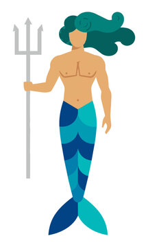 Stylized merman holding a trident with a fish tail and flowing geometric hair isolated on white background fantasy character concept