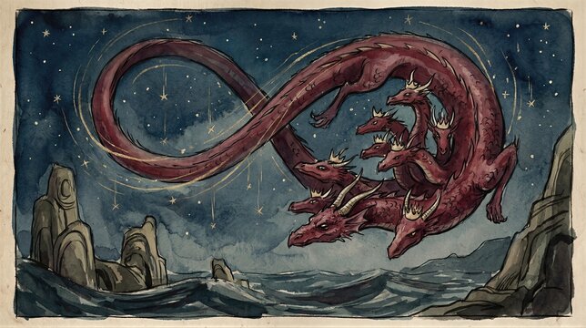 Great red dragon with seven heads and crowns soaring above the sea under a starry night sky. Biblical beast from Revelation. Concept of apocalypse, prophecy and divine final judgment.