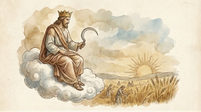 Man dressed as king sitting on cloud holding sharp sickle during grain harvest. Biblical imagery of the Last Judgment and end of world. Artistic representation of religious prophecy.
