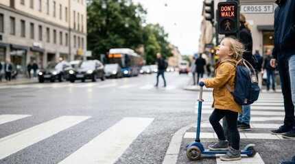 Naklejka premium Young child with scooter waits at crosswalk for 'Don't Walk' signal, symbolizing school safety and urban childhood