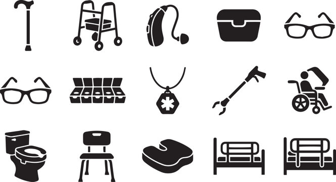 Medical Mobility, Patient Care and Clinical Accessory Icon Set for Healthcare and Hospital Services