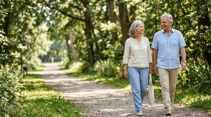 Obraz premium Smiling senior couple enjoys a leisurely walk on a sun-dappled park path, representing active retirement and healthy lifestyle