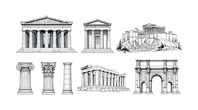 Ancient historical temple architecture columns structures buildings line drawings parthenon acropolis, temple, ruins, monument,