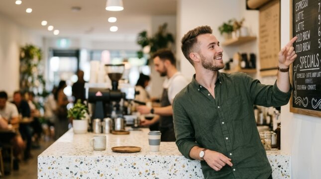 Smiling man pointing at cafe menu board while ordering specialty coffee at a modern counter with terrazzo surface