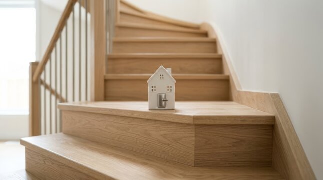 Miniature white house figurine ascends a modern oak staircase, symbolizing property purchase and investment journey.