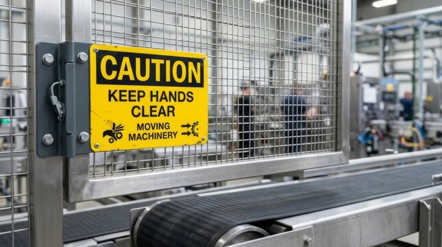 Caution sign on safety guard for moving conveyor belt in modern factory production line, emphasizing machinery hazard awareness