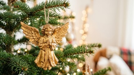 Fototapeta premium Golden Angel Ornament on Spruce Branch, Handcrafted Christmas Decoration with Festive Bokeh Lights