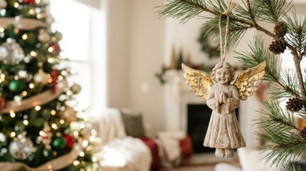 Obraz premium Handcrafted angel ornament with weathered gilt wings hangs on a pine branch, with a blurred Christmas tree and fireplace scene.
