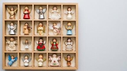 Fototapeta premium Collection of Angel Christmas Ornaments Neatly Arranged in Wooden Compartment Box, Flat Lay for Holiday Decor Display
