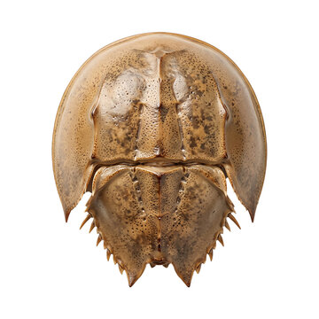 Top view of horseshoe crab shell segmented carapace with bumpy texture and pointed tail on a transparent background marine life object.