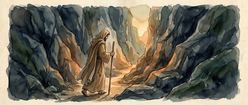 Man in robe walking with wooden staff through dark rocky canyon. Biblical scene representing spiritual journey and pilgrimage. Banner with copy space