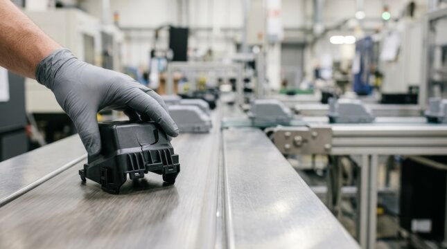 Quality control inspector wearing gloves removes defective plastic part from conveyor belt in modern factory production line