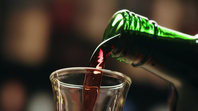 Pouring shot of red bitter, Cognac, whisky, Campari, Aperol, Cherry Vermouth Negroni, spanish wine drink, Alcoholic Americano Cocktail bitter, sweet vermouth and soda water, close up of making drink