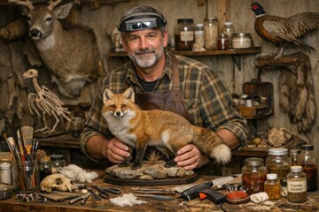 Fototapeta premium A person holds a taxidermy fox replica, perfect for Halloween or costume parties