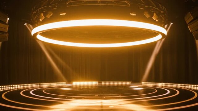Circular light beams radiate from a central source in a dark studio setting for a dramatic abstract composition.
