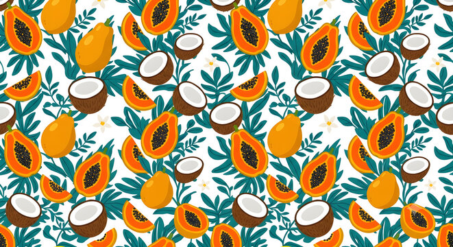 Seamless tropical fruit pattern with sliced papaya, halved coconuts, and green leaves, generative AI