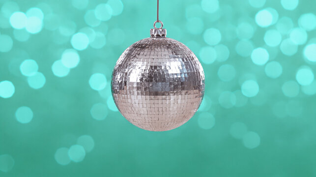 A shiny disco ball hangs in a club, surrounded by vibrant teal bokeh lights and festive energy for a colorful dance party.