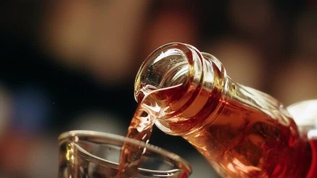 Pouring shot of red bitter, Cognac, whisky, Campari, Aperol, Cherry Vermouth Negroni, spanish wine drink, Alcoholic Americano Cocktail bitter, sweet vermouth and soda water, close up of making drink