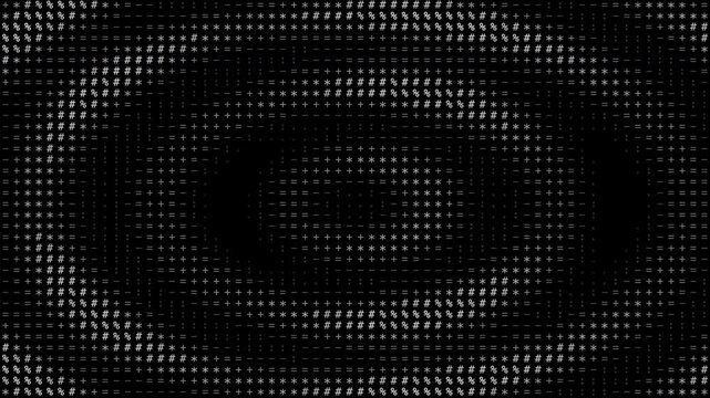 Abstract 4K ASCII animation featuring a dense grid of monospaced characters that continuously change brightness and density as multiple mathematical waves move across the screen. Ideal for coding