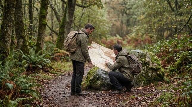 Hikers pause at a forest junction after taking a wrong turn
