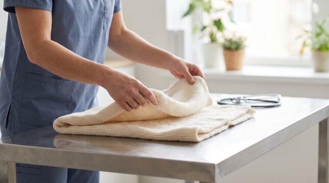 Medical professional in blue scrubs folding a beige knitted blanket on a stainless steel examination table with a stethoscope