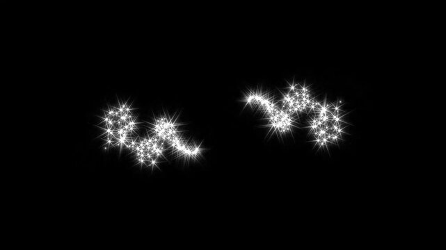 glowing fairy sparkle trail, white glitter stars animation, magic dust particles, twinkling light streak, luxury shimmer effect, black background, transparent overlay, 4k seamless loop
