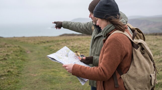 Travel companions reconsider a route on a coastal walking trail