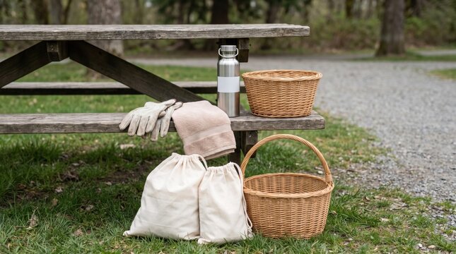 Picnic setup on a wooden park bench with wicker baskets cotton drawstring bags a metal water bottle and work gloves