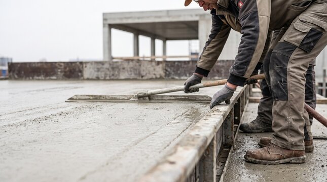 Workers level low carbon concrete on an elevated structural slab