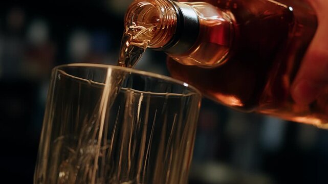 Pouring shot of red bitter, Cognac, whisky, Campari, Aperol, Cherry Vermouth Negroni, spanish wine drink, Alcoholic Americano Cocktail bitter, sweet vermouth and soda water, close up of making drink