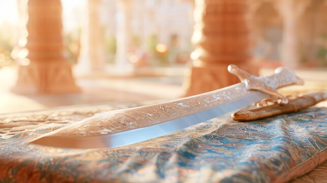 Intricately Decorated Ceremonial Sword on Ornate Fabric Surface