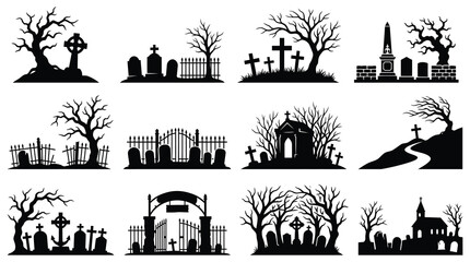 Obraz premium Spooky Halloween graveyard scenes with tombstones, crosses, bare trees, and gates, creating eerie atmosphere.