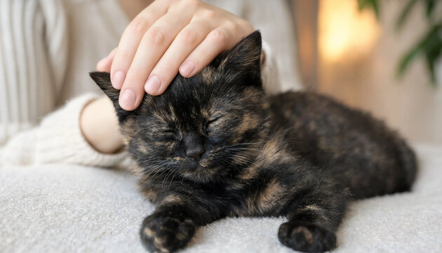 Gentle Hand Petting Calico Kitten on Soft Blanket Close Up