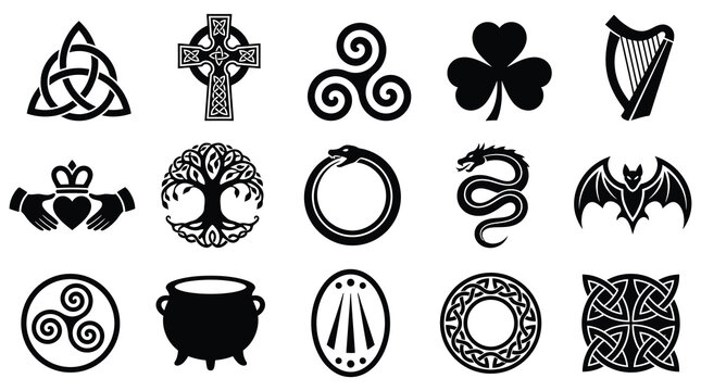Assortment of Celtic and Irish symbols featuring claddagh, dragon, cauldron, harp, trinity knot, tree of life, snake, bat.