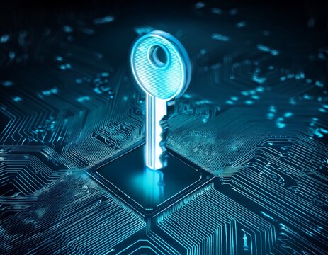 digital key for data privacy and cyber security network protection and secure access control glowing holographic key standing on high tech electronic circuit board