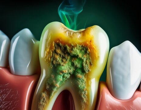 heavy yellow plaque and tartar buildup on a molar halitosis and poor oral hygiene consequences noxious green fumes rising from a dirty tooth causing severe bad breath