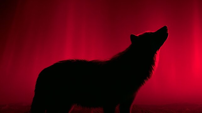 Prompt: A striking conceptual fine-art photograph. A stark black silhouette profile of a wolf looking up is double-exposed with a majestic landscape of sharp black volcanic rock ridges in Iceland 