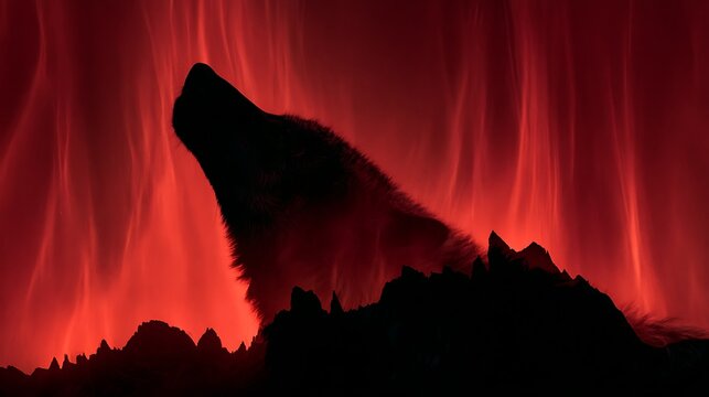 Prompt: A striking conceptual fine-art photograph. A stark black silhouette profile of a wolf looking up is double-exposed with a majestic landscape of sharp black volcanic rock ridges in Iceland 