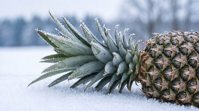 Frost crystals settle on a tropical pineapple crown