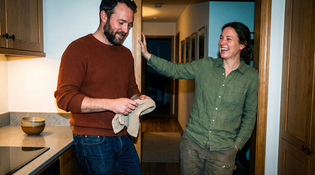 Roommates celebrate finishing dinner cleanup together
